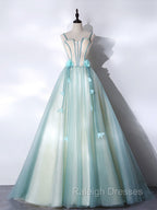A Line Tulle Green Long Prom Dress, Green Graduation Dress with Sweep Train