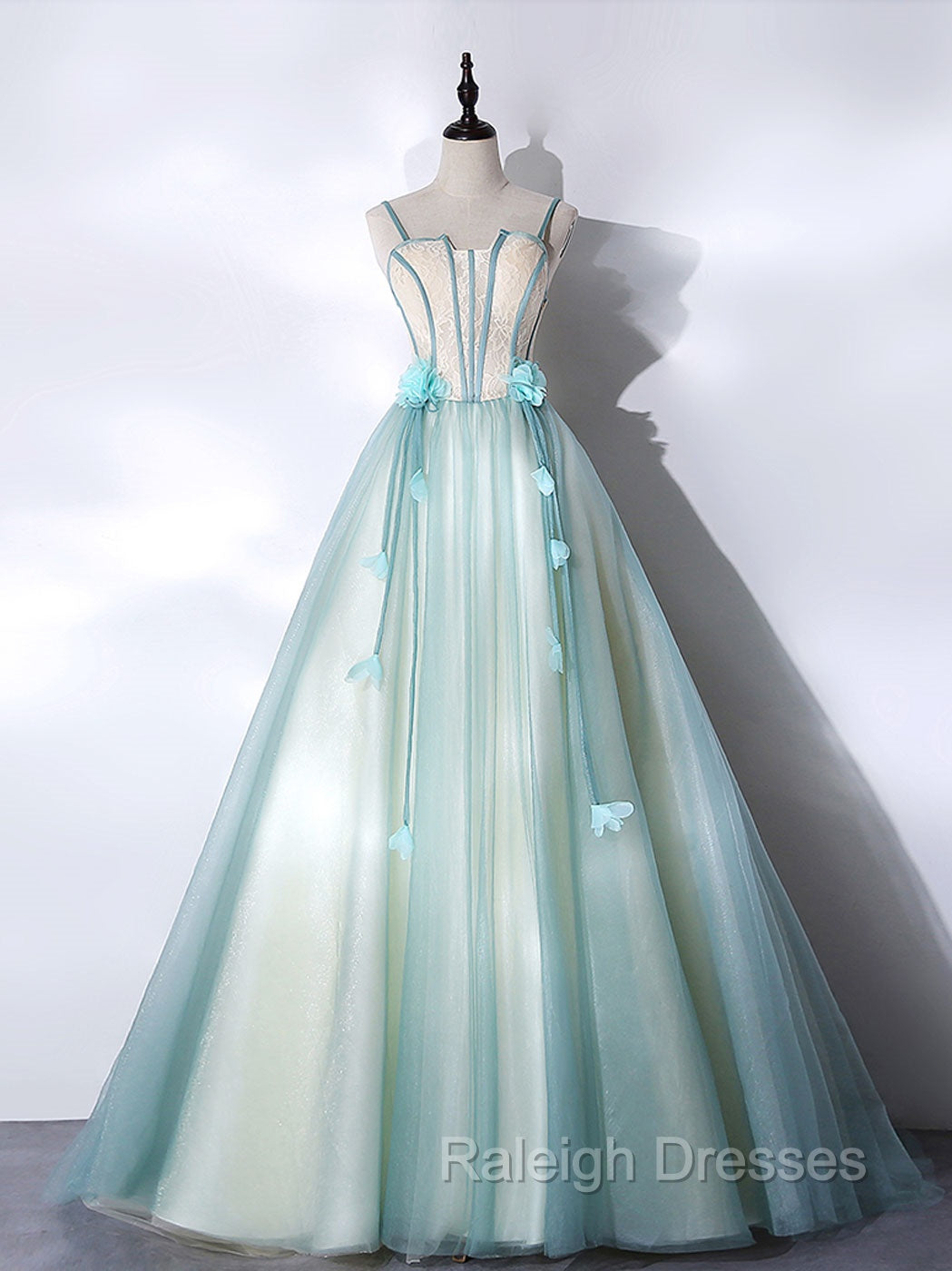 A Line Tulle Green Long Prom Dress, Green Graduation Dress with Sweep Train