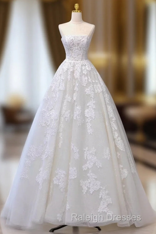 A-Line Tulle Lace Beige Long Prom Dress, Beige Long Formal Dress