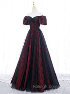 A-Line Tulle Lace Black/burgundy Long Prom Dress, Black/Burgundy Long Formal Dress