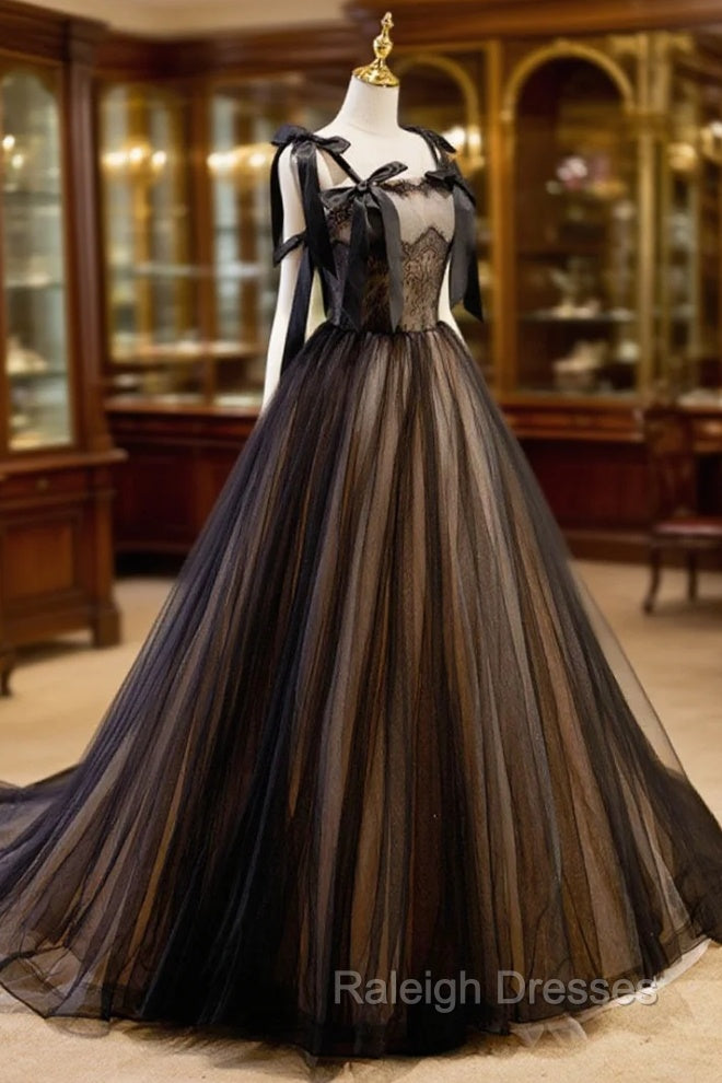 A-Line Tulle Lace Black Long Prom Dress, Black Formal Evening Dresses Secondary image