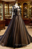 A-Line Tulle Lace Black Long Prom Dress, Black Formal Evening Dresses