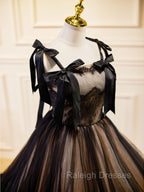 A-Line Tulle Lace Black Long Prom Dress, Black Formal Evening Dresses