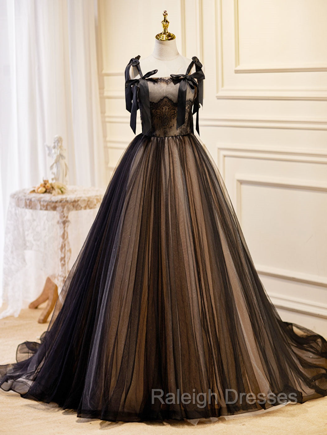 A Line Tulle Lace Black Long Prom Dress, Black Formal Prom Dresses Main image