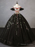 A- Line Tulle Lace Black Long Prom Dress, Black Lace Sweet 16 Dress