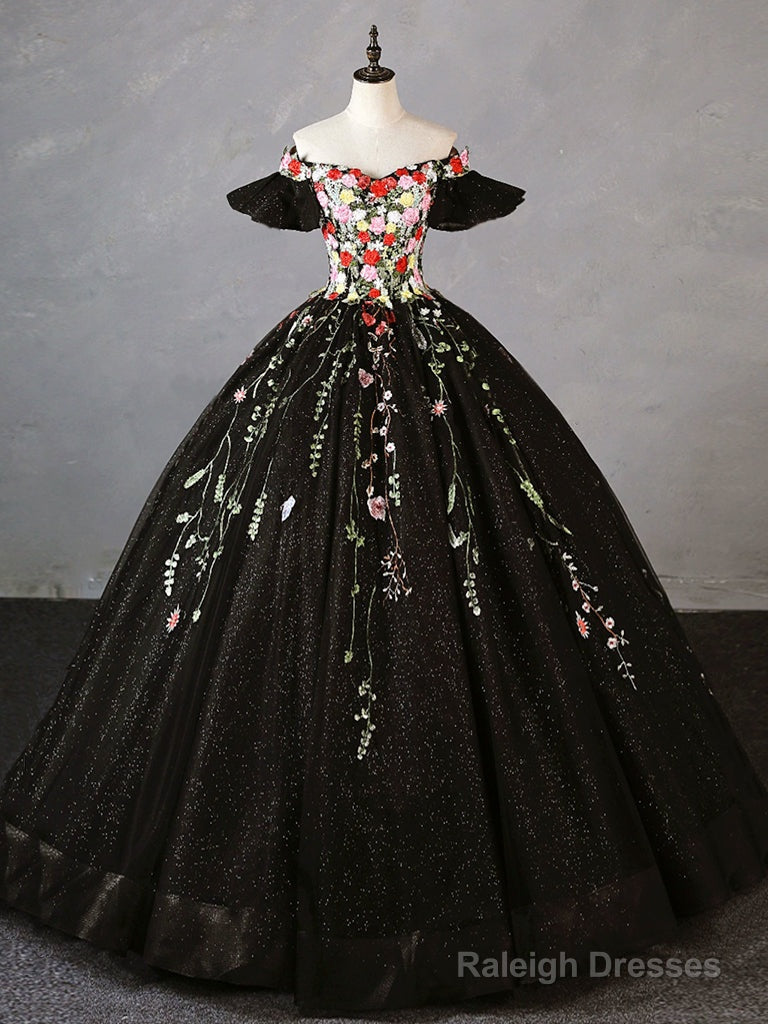 A- Line Tulle Lace Black Long Prom Dresses Black Lace Sweet 16 Dresses