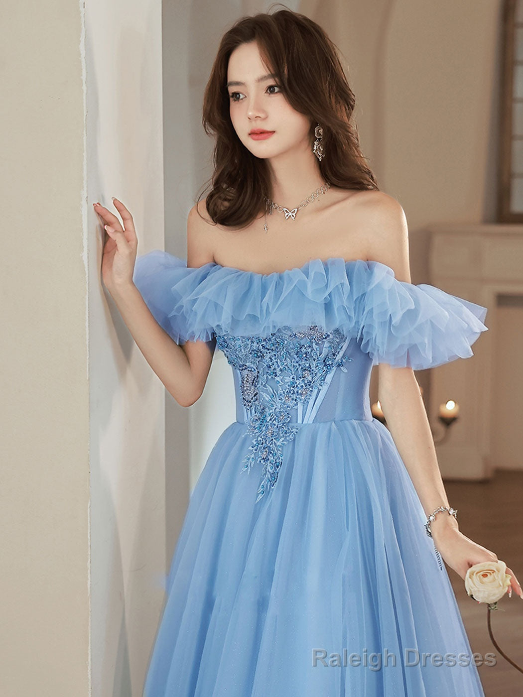 A-Line Tulle Lace Blue Long Prom Dress, Blue Formal Dresses Secondary image