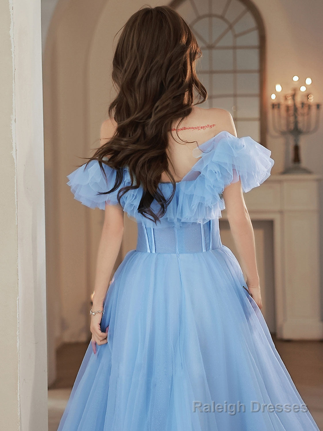 A-Line Tulle Lace Blue Long Prom Dresses Blue Prom Dress