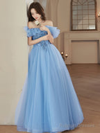 A-Line Tulle Lace Blue Long Prom Dress, Blue Formal Dresses