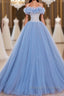 A Line Tulle Lace Blue Long Prom Dresses Blue Lace Long Prom Dresses