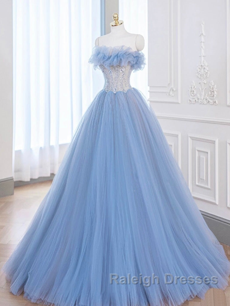 A Line Tulle Lace Blue Long Prom Dresses Blue Lace Long Prom Dresses Secondary image