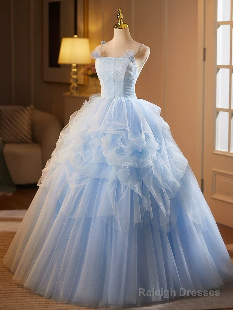 A-Line Tulle Lace Blue Long Prom Dresses Blue Long Sweet 16 Dresses