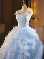 A-Line Tulle Lace Blue Long Prom Dresses Blue Long Sweet 16 Dresses