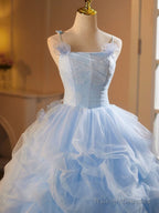 A-Line Tulle Lace Blue Long Prom Dresses Blue Long Sweet 16 Dresses