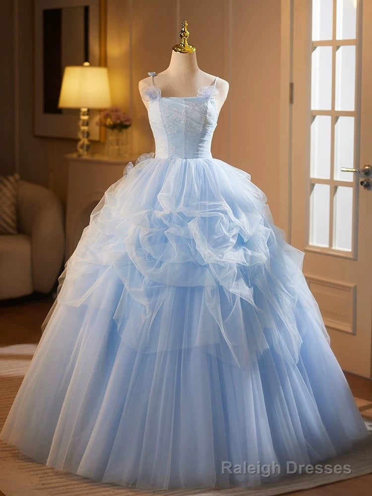 A-Line Tulle Lace Blue Long Prom Dress, Blue Long Sweet 16 Dress Main image