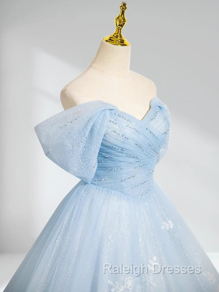 A-Line Tulle Lace Blue Long Prom Dress Off Shoulder Sky Blue Dress