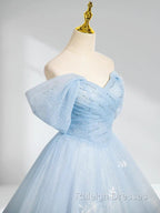 A Line Tulle Lace Blue Long Prom Dress Off Shoulder Sky Blue Dress