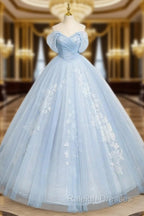 A Line Tulle Lace Blue Long Prom Dress Off Shoulder Sky Blue Dress