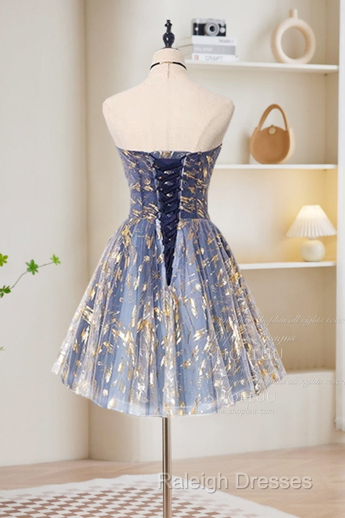 A-Line Tulle Lace Blue Short Prom Dress, Cute Blue Homecoming Dress Secondary image