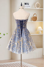 A-Line Tulle Lace Blue Short Prom Dress, Cute Blue Homecoming Dress