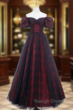 A Line Tulle Lace Burgundy Long Prom Dress, Burgundy Long Formal Dress