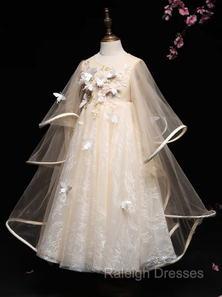A-Line Tulle Lace Butterfly Champagne Flower Girl Dress