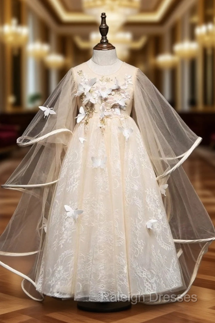 A-Line Tulle Lace Butterfly Champagne Flower Girl Dress Main image