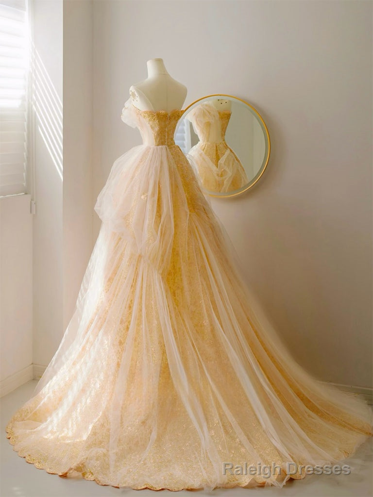 A-Line Tulle Lace Champagne Long Prom Dresses Champagne Long Prom Dresses Secondary image