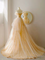 A-Line Tulle Lace Champagne Long Prom Dresses Champagne Long Prom Dresses