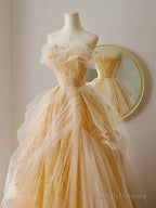 A-Line Tulle Lace Champagne Long Prom Dresses Champagne Long Prom Dresses