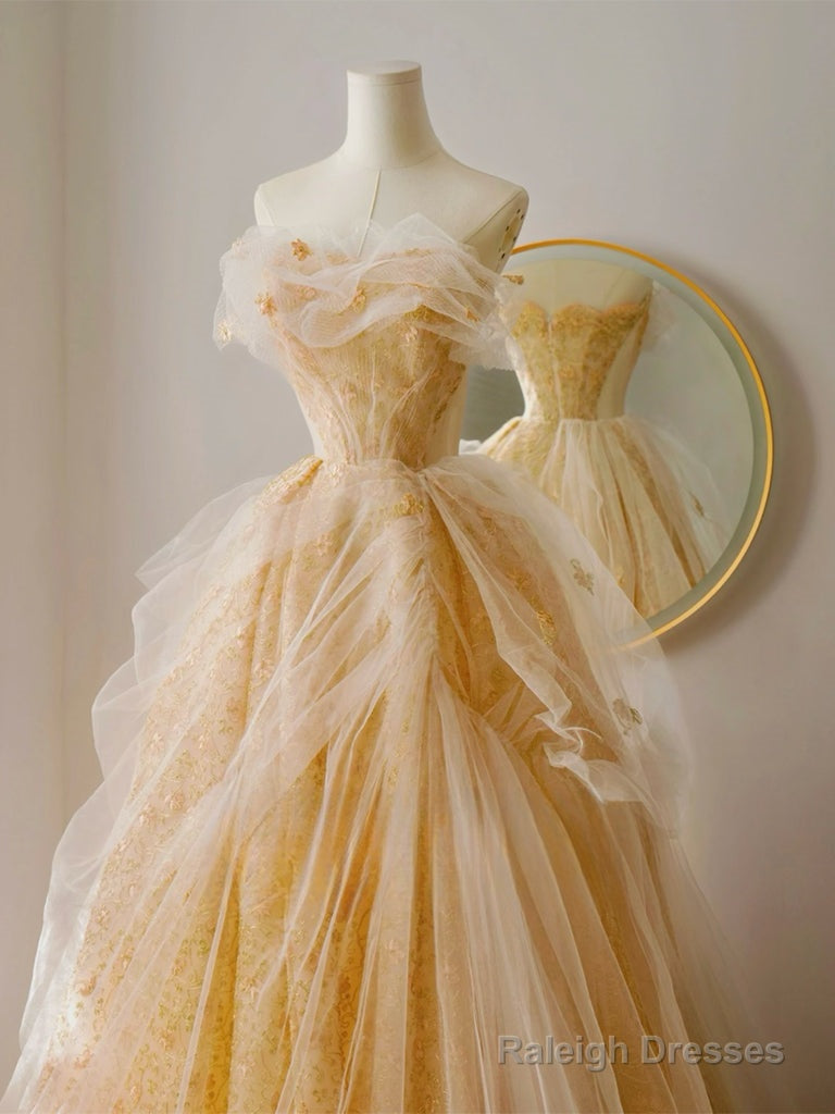 A-Line Tulle Lace Champagne Long Prom Dresses Champagne Long Prom Dresses