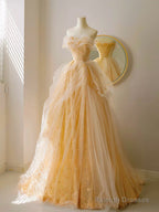A-Line Tulle Lace Champagne Long Prom Dresses Champagne Long Prom Dresses
