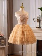 A-Line Tulle Lace Champagne Short Prom Dress, Champagne Homecoming Dress