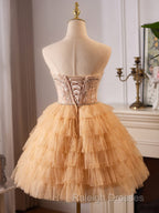 A-Line Tulle Lace Champagne Short Prom Dresses Champagne Homecoming Dresses