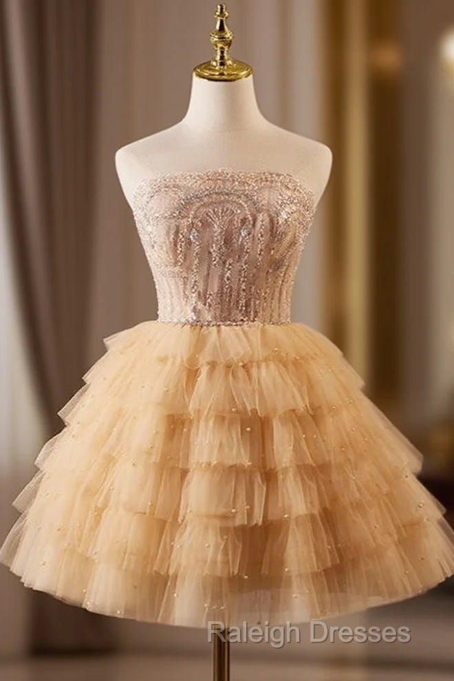 A-Line Tulle Lace Champagne Short Prom Dress, Champagne Homecoming Dress Main image