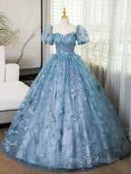 A-Line Tulle Lace Gray Blue Long Prom Dresses Gray Blue Long Sweet 16 Dresses
