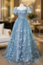 A-Line Tulle Lace Gray Blue Long Prom Dress, Gray Blue Long Sweet 16 Dress