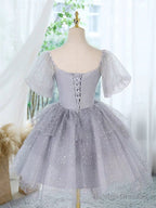 A-Line Tulle Lace Gray Short Prom Dresses Cute Gray Homecoming Dresses