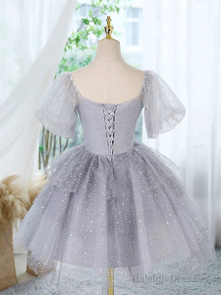 A-Line Tulle Lace Gray Short Prom Dresses Cute Gray Homecoming Dresses