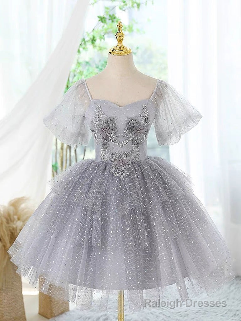 A-Line Tulle Lace Gray Short Prom Dresses Cute Gray Homecoming Dresses