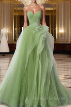 A-Line Tulle Lace Green Long Prom Dress, Green lace Long Formal Dress