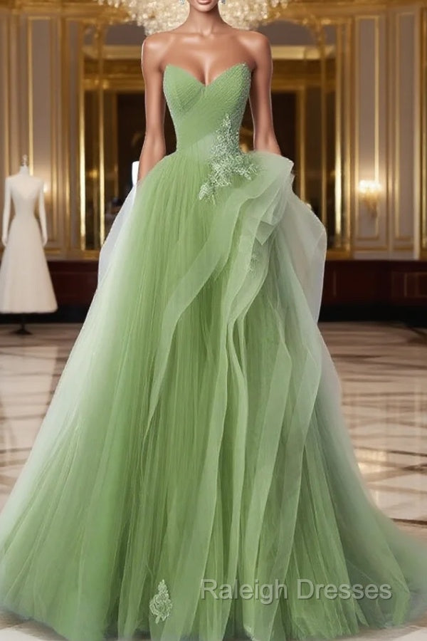 A-Line Tulle Lace Green Long Prom Dress, Green lace Long Formal Dress