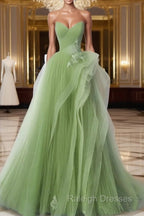 A Line Tulle Lace Green Long Prom Dress, Green lace Long Formal Dress