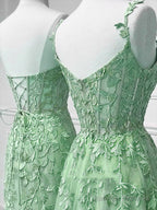 A-Line Tulle Lace Green Long Prom Dresses Green Lace Long Graduation Dresses