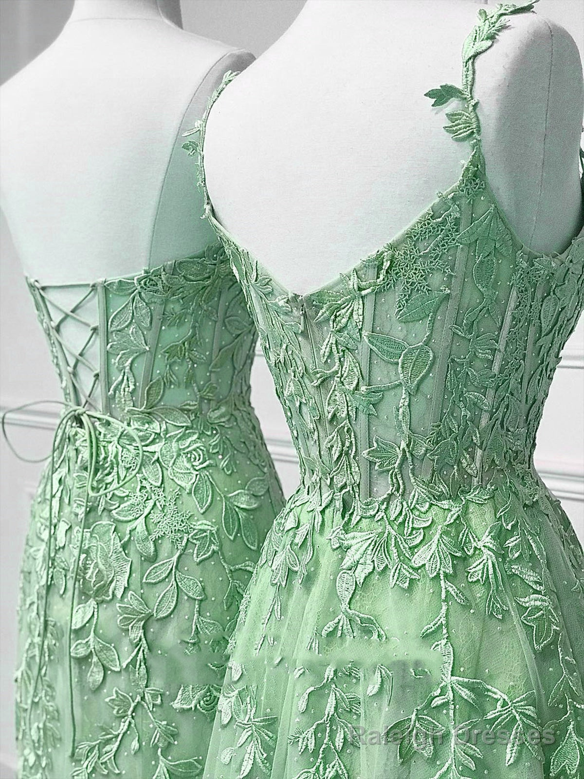 A-Line Tulle Lace Green Long Prom Dresses Green Lace Long Graduation Dresses
