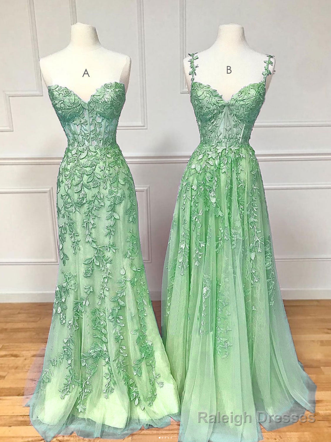 A-Line Tulle Lace Green Long Prom Dress, Green Lace Long Graduation Dress Main image