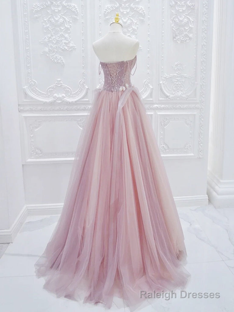 A-Line Tulle Lace Pink Long Prom Dress, Pink Tulle Lace Long Formal Dress
