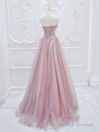 A-Line Tulle Lace Pink Long Prom Dresses Pink Tulle Lace Long Prom Dresses