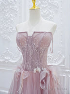 A-Line Tulle Lace Pink Long Prom Dresses Pink Tulle Lace Long Prom Dresses