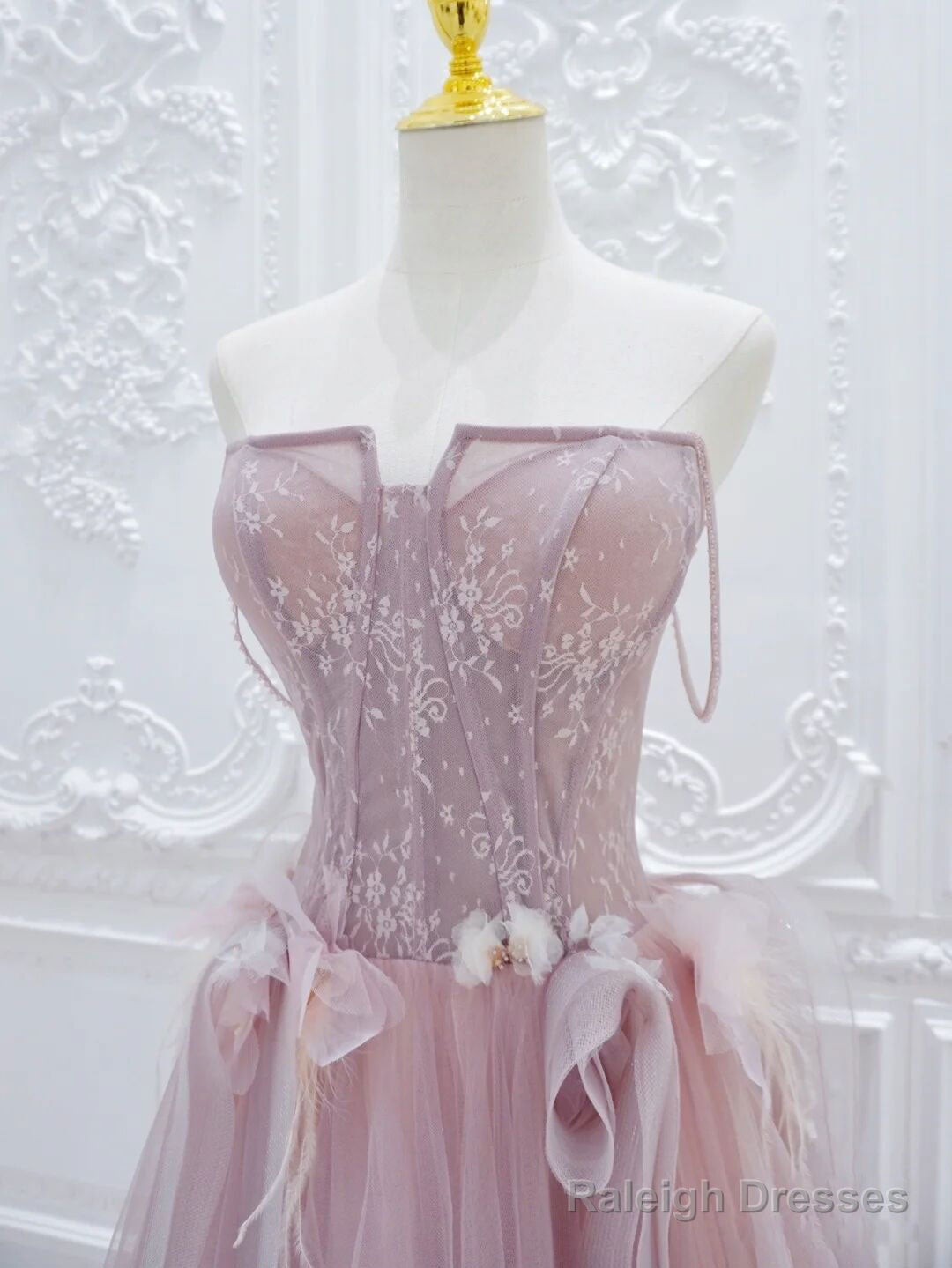 A-Line Tulle Lace Pink Long Prom Dresses Pink Tulle Lace Long Prom Dresses